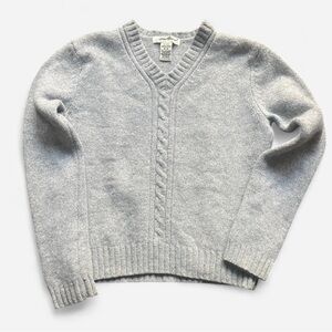 Eddie Bauer Light Grey Cable Knit V-Neck Lambswool Sweater